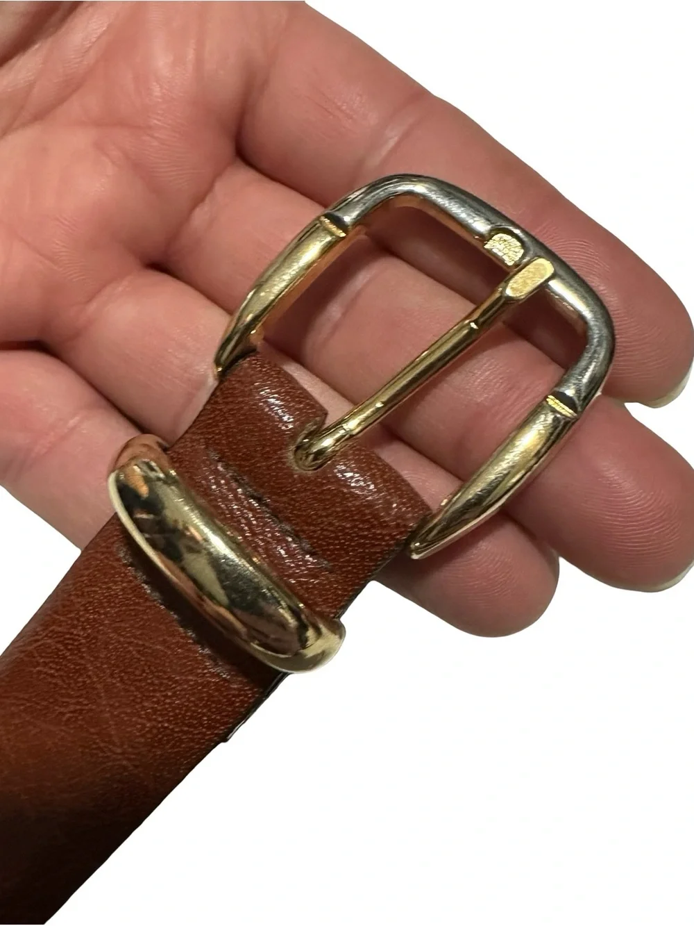 Vtg Manhattan Mens Leather Belt Brown Cognac Two Tone Buckle Made In USA Sz 34
